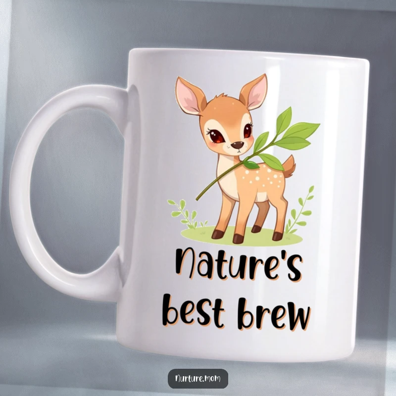 Funny Deer Mug showing a small deer offering a leafy branch, symbolizing gentle nourishment and nature's bounty.