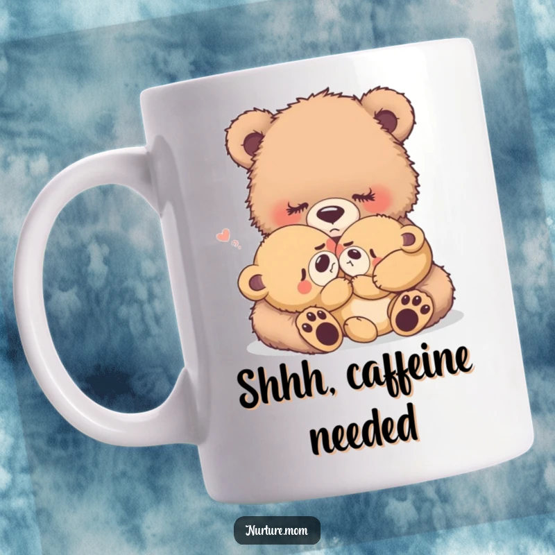 Funny fuzzy bear mother tenderly rocking a crying baby bear to sleep, gentle animal parenting, heartwarming mug gift.