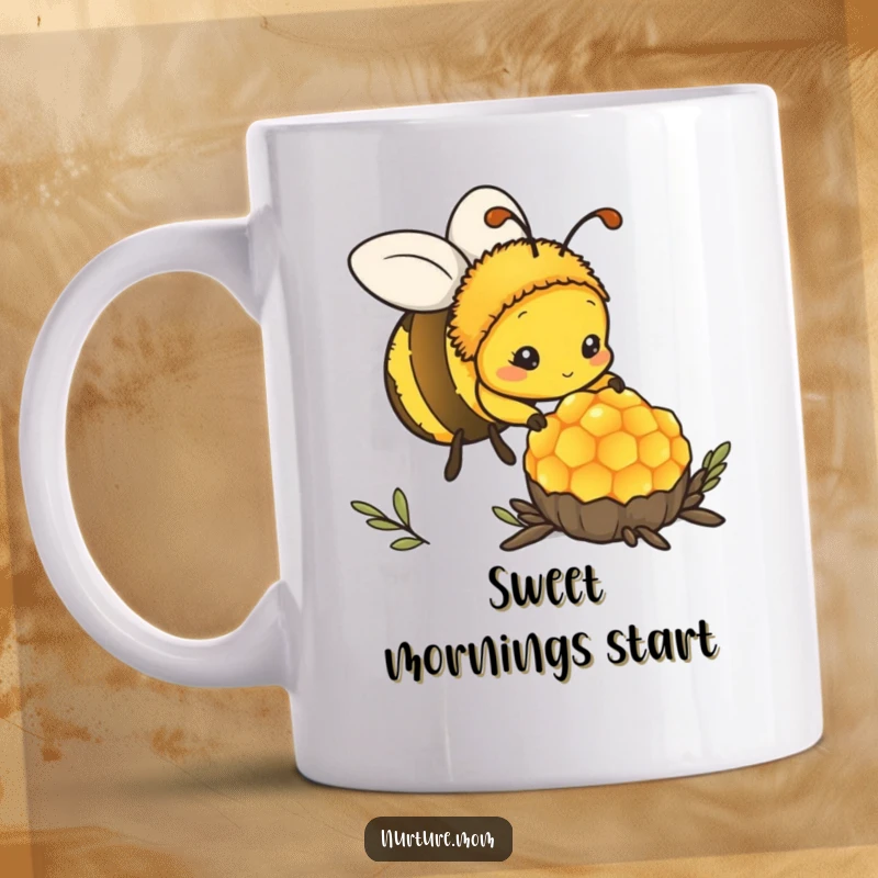 Funny kawaii mother bee carefully tending to a honeycomb on a delightful mug.