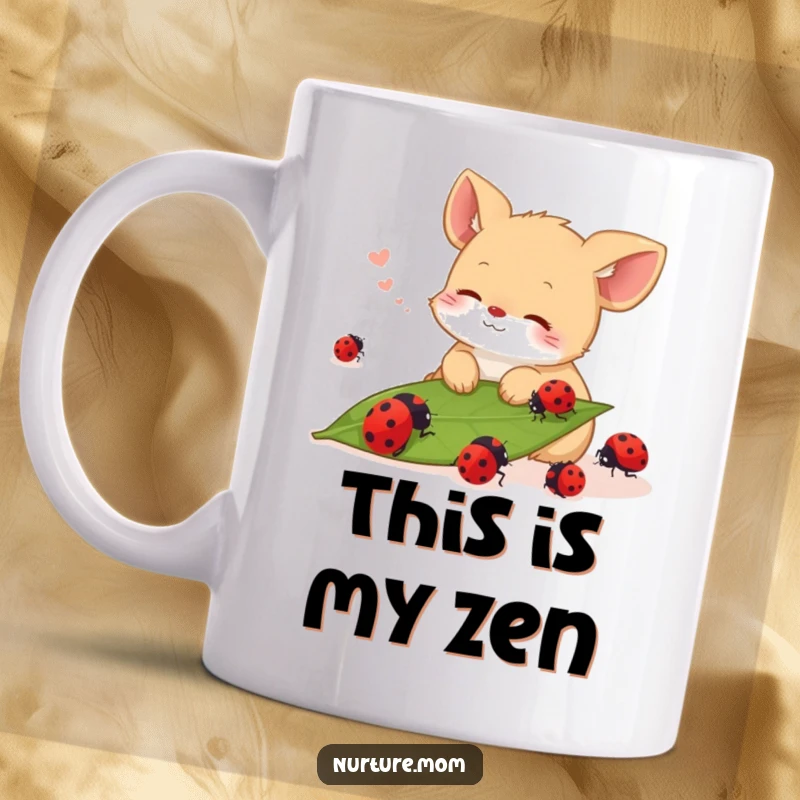 Funny mug showing a small animal with a contented sigh watching ladybugs crawl on a green leaf, symbolizing peace.