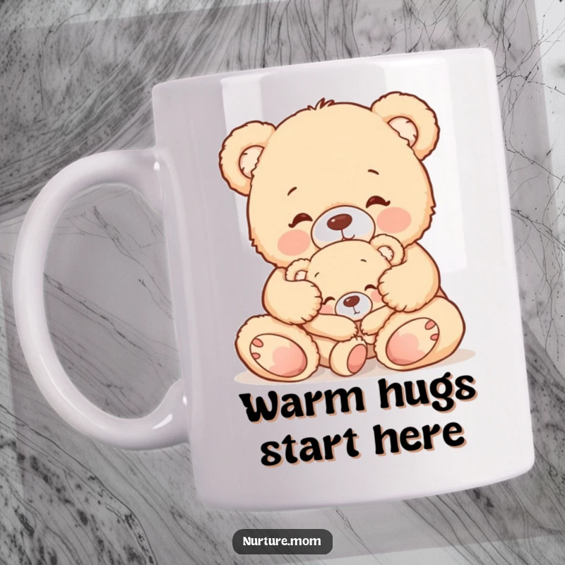 Funny mug depicting a cute teddy bear mom gently tucking in her sleepy baby bear, showcasing tender maternal love and bedtime comfort.