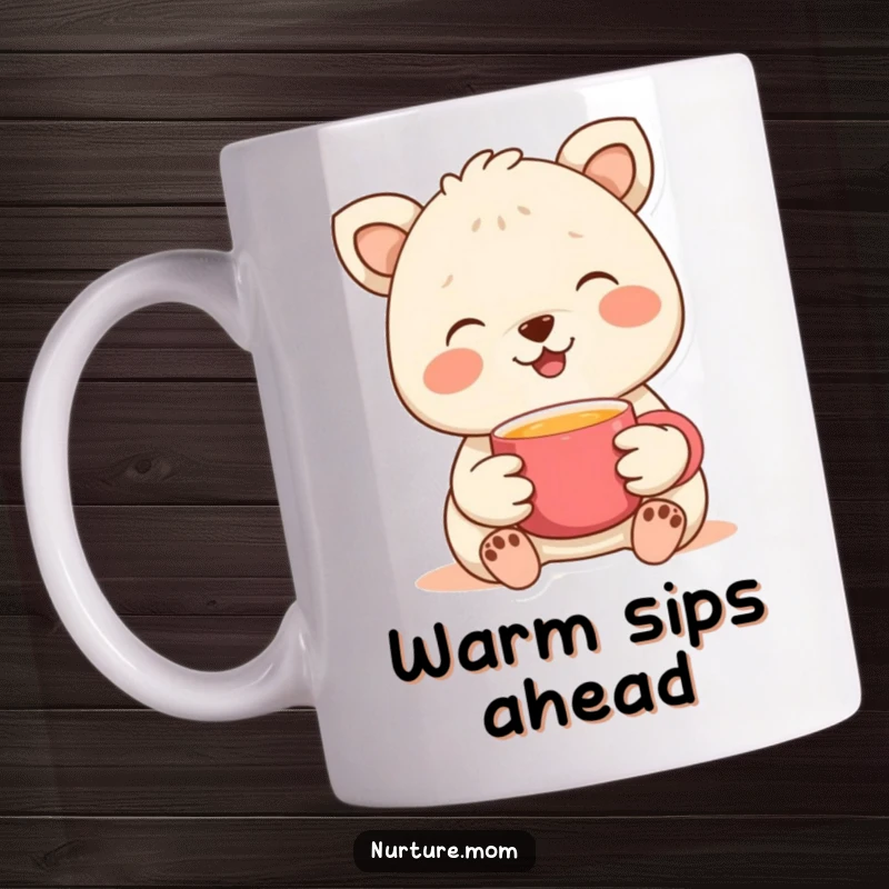 Funny mug with a gentle animal offering a warm cup, symbolizing comfort, hospitality, and a friendly gesture.
