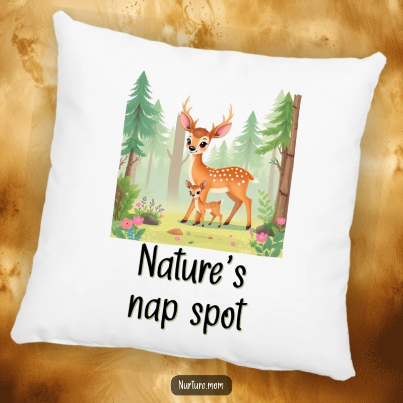 Funny deer mom pillow showcasing a tender moment between a doe and fawn amidst a lush forest illustration.