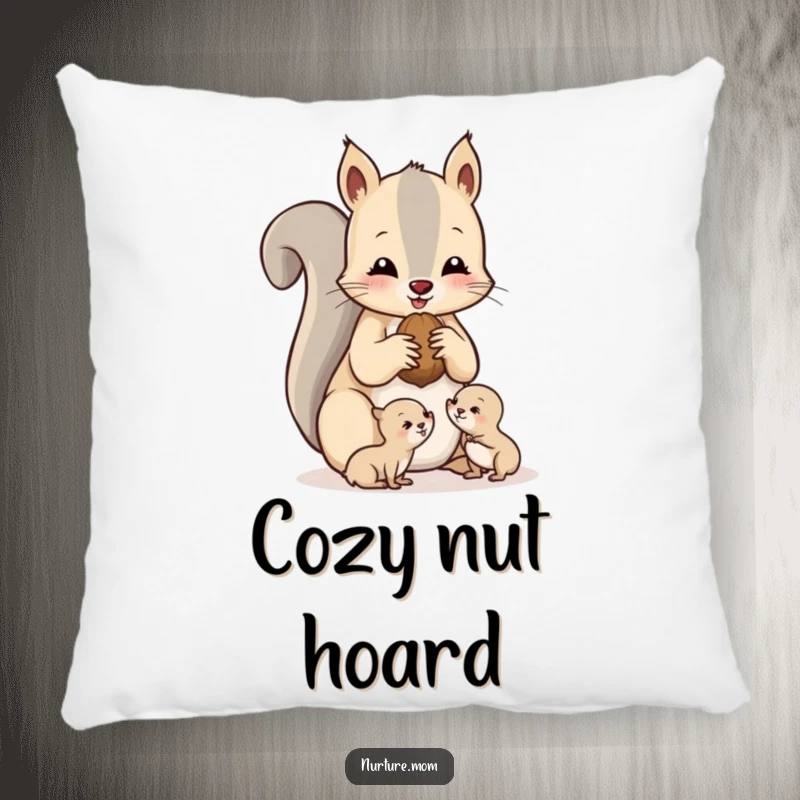Funny squirrel mom pillow featuring a nurturing mother squirrel sharing nuts with her babies, radiating warmth.