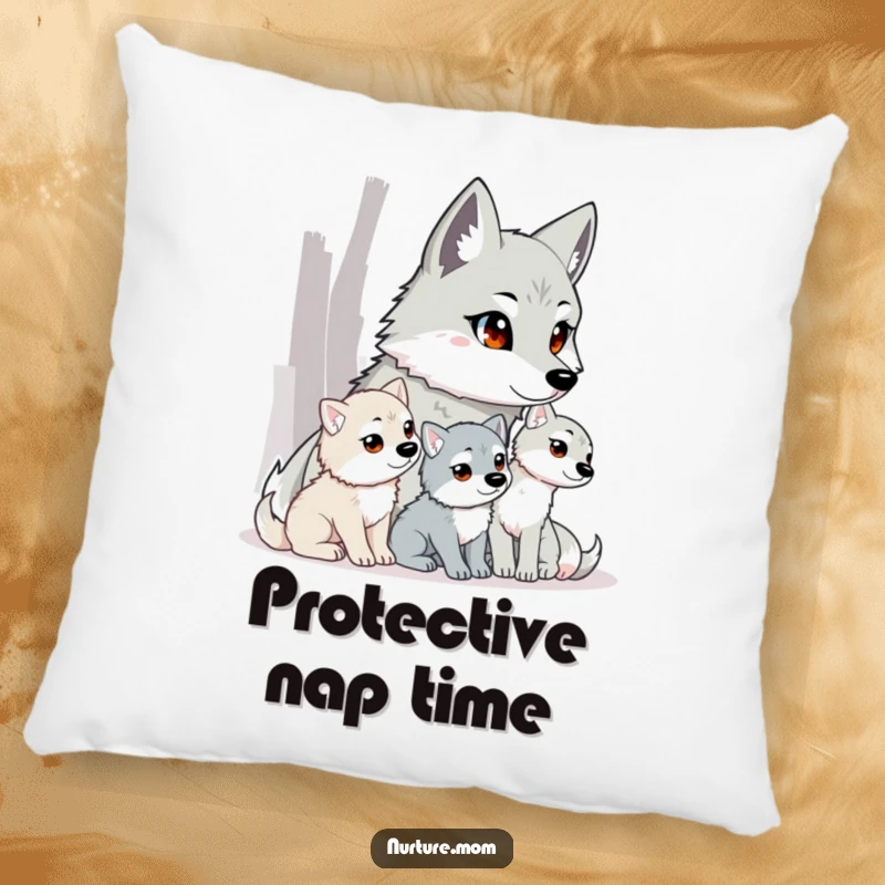 Funny wolf mom pillow featuring a watchful mother wolf and her pups, providing cozy decor.