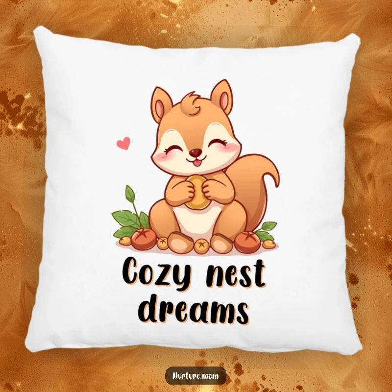Funny! Plush pillow showcasing a kawaii squirrel mom character gathering nuts with a loving expression, designed for comfort and adorable humor.