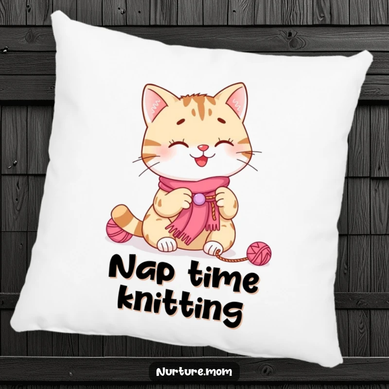 Funny cat knitting pillow showcasing a smiling cat crafting a tiny scarf, providing comfort and a touch of handmade charm.
