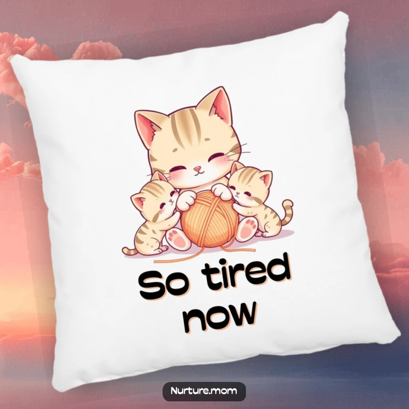 Funny kawaii mother cat and her kittens playing with yarn, perfect for a cozy and humorous decorative pillow.