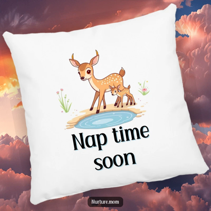 Funny kawaii mother deer and fawn illustration, perfect for a cozy and humorous decorative pillow.