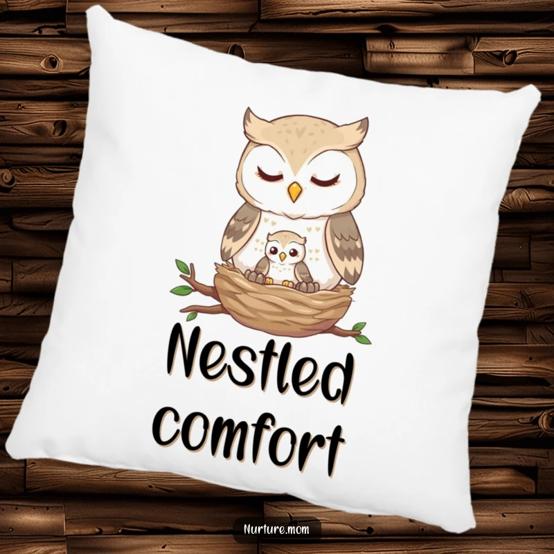 Funny owl nest pillow showcasing a gentle owl feeding a tiny fledgling, providing comfort and a symbol of tender care.