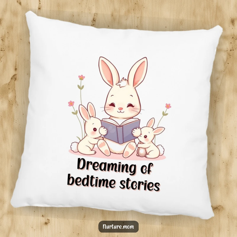 Funny kawaii mama bunny reading a storybook to her kits pillow, offering comfort and cute decor for children's rooms.