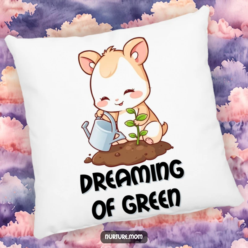 Funny pillow featuring a small, smiling animal with a watering can tending to a sprouting seedling, promoting comfort.
