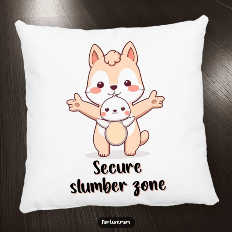 Funny animal protectively holds a small creature with outstretched arms, offering comfort on a pillow.
