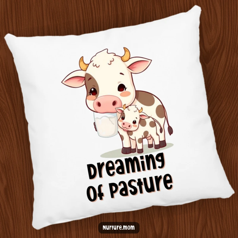 Funny! Plush pillow showcasing a contented cow mom character offering milk to her calf, designed for comfort and adorable farm humor.