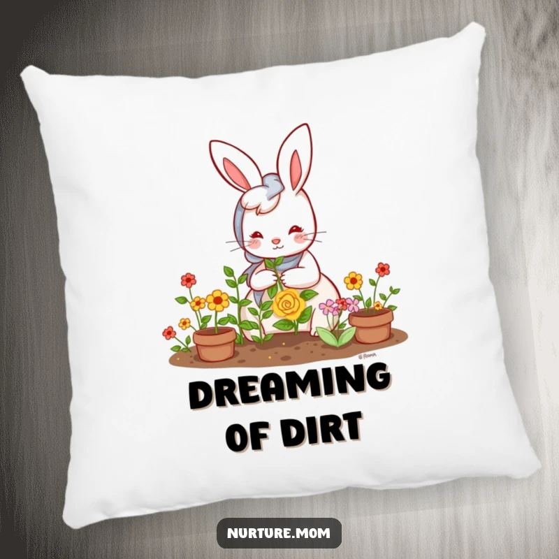 Funny Kawaii Rabbit Mom Pillow: A sweet bunny mom gently tending her flourishing garden, a soft and humorous cushion.