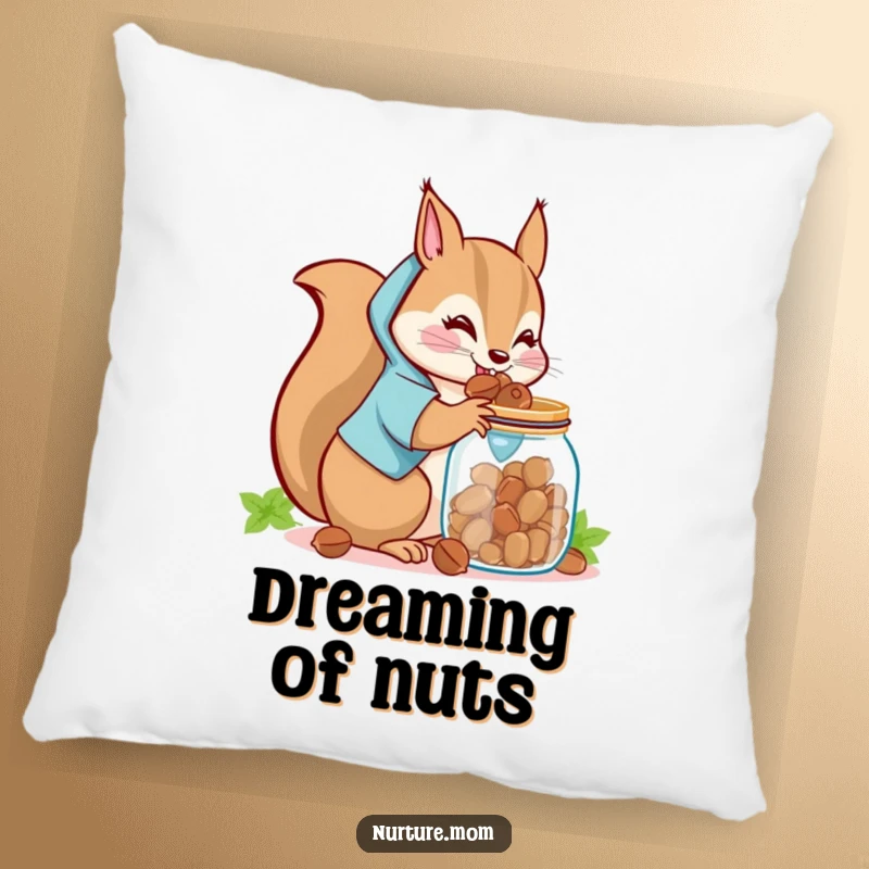 Funny Kawaii Squirrel Mom Pillow: A cute squirrel mom humorously storing nuts in a jar, a soft and funny cushion.