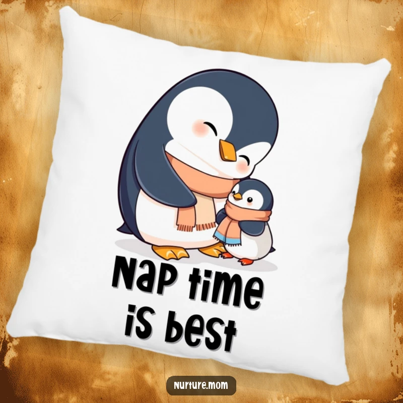 Funny mama penguin assists her chick with a tiny scarf, creating a snuggly and heartwarming scene on this decorative pillow.