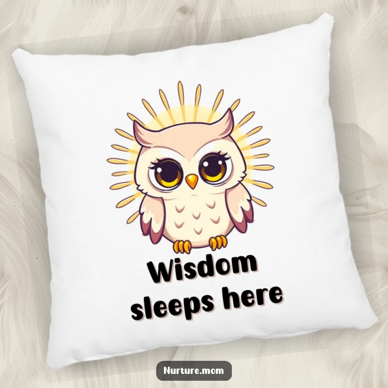 Funny pillow featuring a radiating owl mom with a bright, wise gaze, offering comfort and a humorous, wise aesthetic for any room.