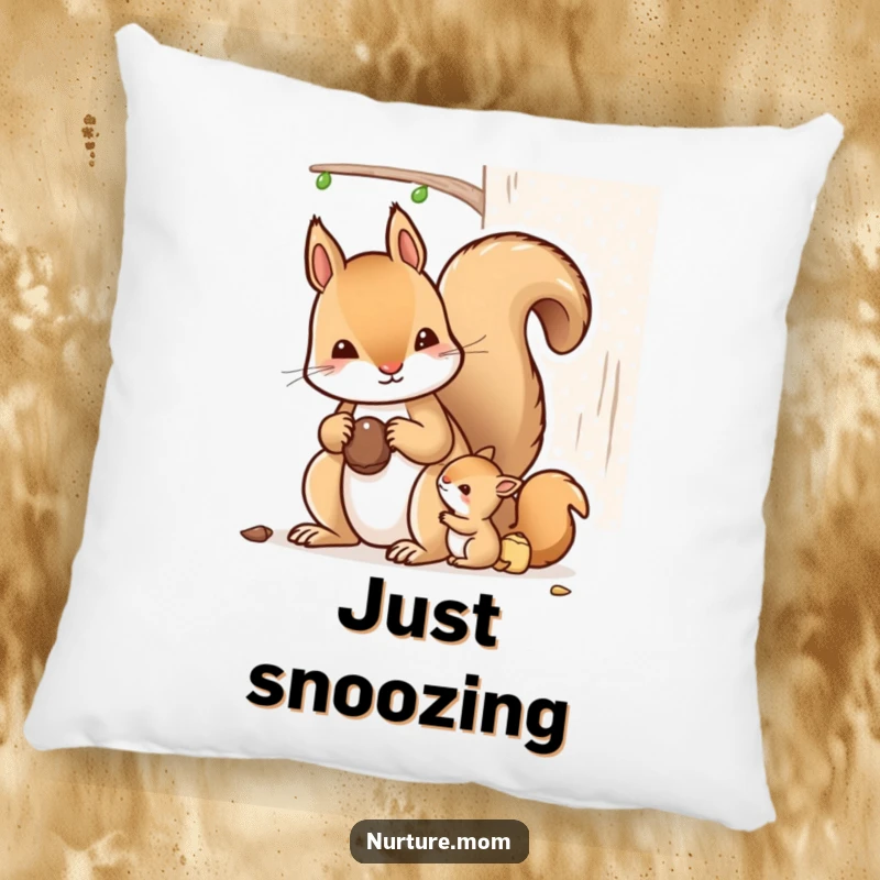 Funny kawaii mother squirrel and young depicted on a soft, decorative pillow.
