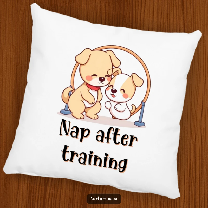 Funny decorative pillow with a kawaii dog mom patiently guiding a puppy through a hoop, celebrating dog companionship.