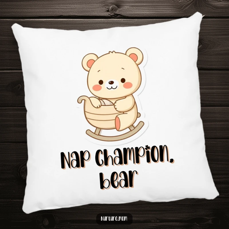 Funny pillow with a cheerful bear character gently rocking a tiny cradle, a humorous and soft decoration for a peaceful space.