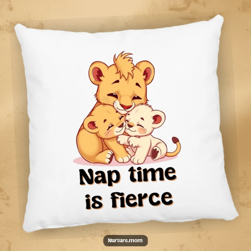 Funny! Plush pillow showcasing a nurturing lioness cub grooming her playful baby, designed for comfort, love, and gentle humor.