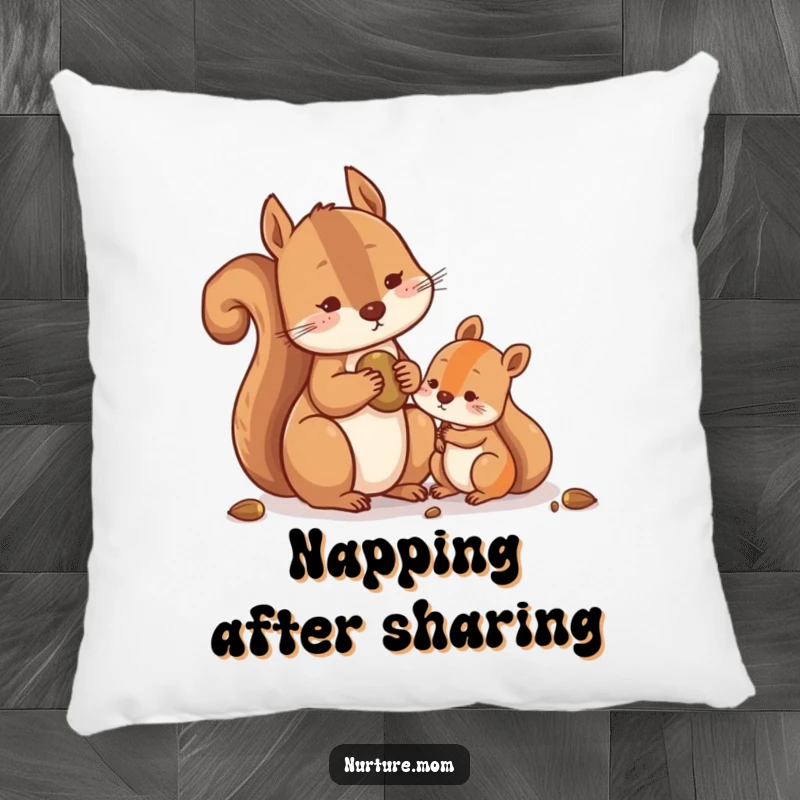Funny Squirrel Pillow with a contented squirrel sharing nuts with a smaller one, providing soft comfort and humorous generosity.
