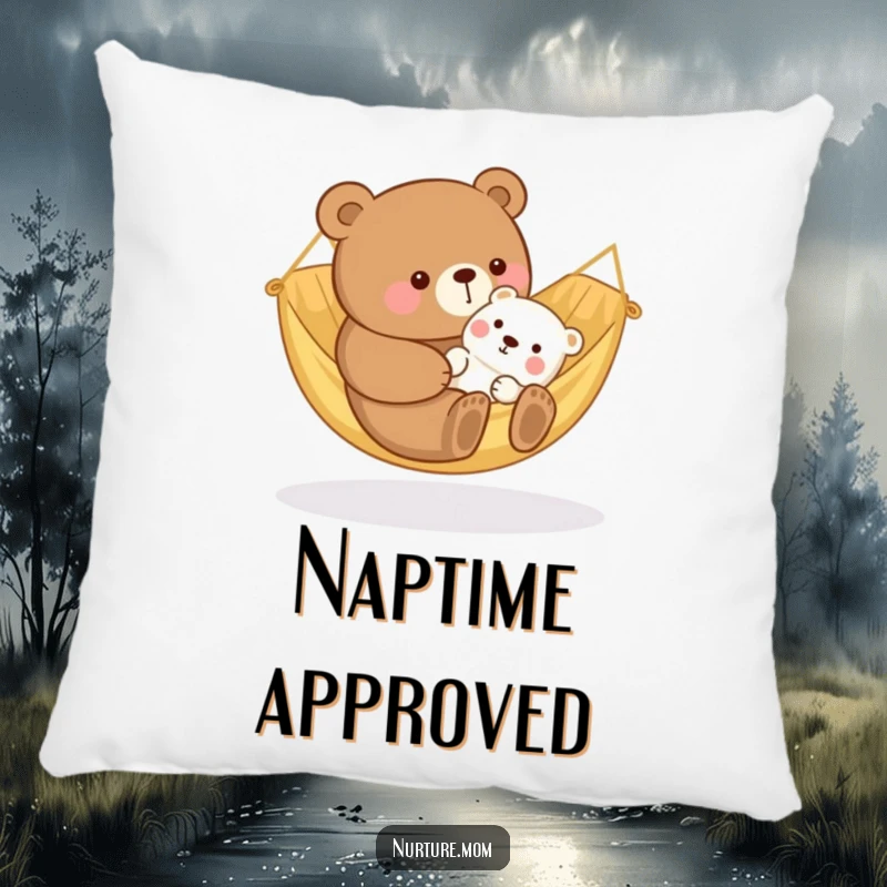 Funny kawaii bear mom rocking a baby animal in a cozy hammock, depicted as a soft and comforting decorative pillow.