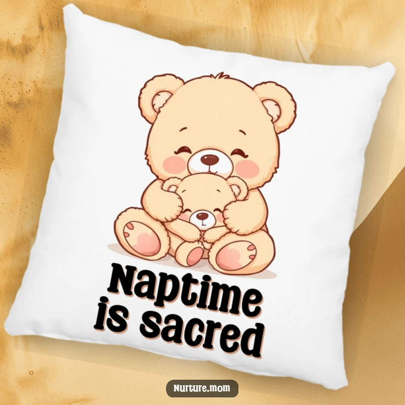 Funny pillow with a cute teddy bear mom gently tucking in her sleepy baby bear, offering comfort and a sense of tender love.