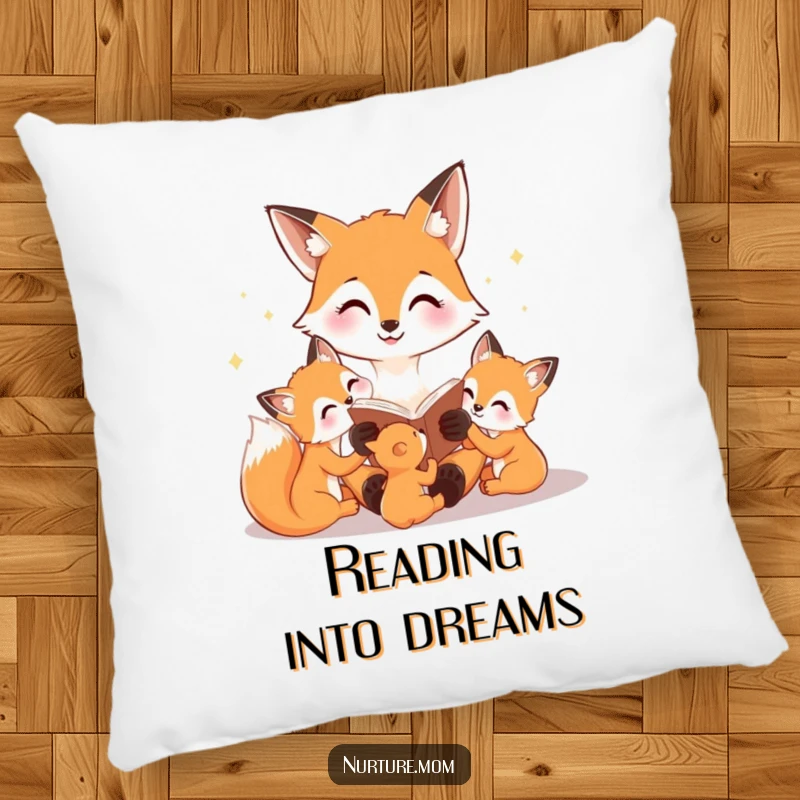 Funny pillow with a happy fox mom reading a bedtime story to her cubs, offering comfort and a sense of peaceful bedtime.
