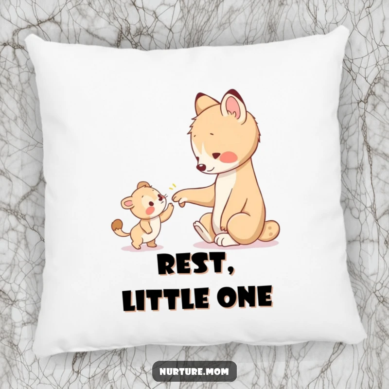 Funny pillow showcases an animal's paw warmly guiding a smaller creature, a humorous and comforting decorative item for any couch.