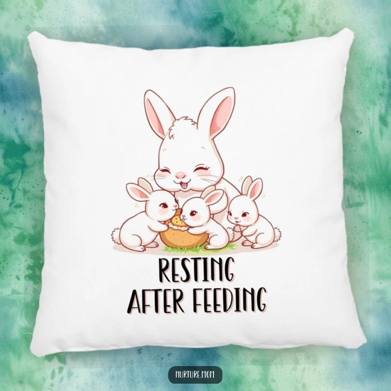 Funny nurturing mother rabbit feeding hungry bunnies, soft pillow, cute nursery decor or gift.