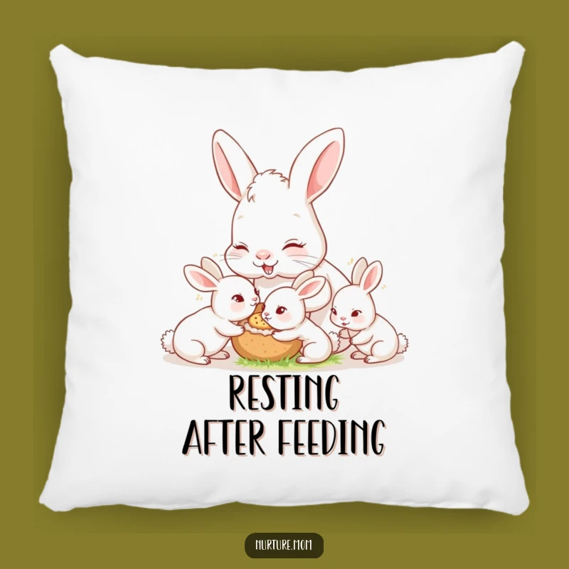 Funny Bunny Mom Pillow: Cozy Feeding Scene, Soft Baby Bunny Comfort Gift