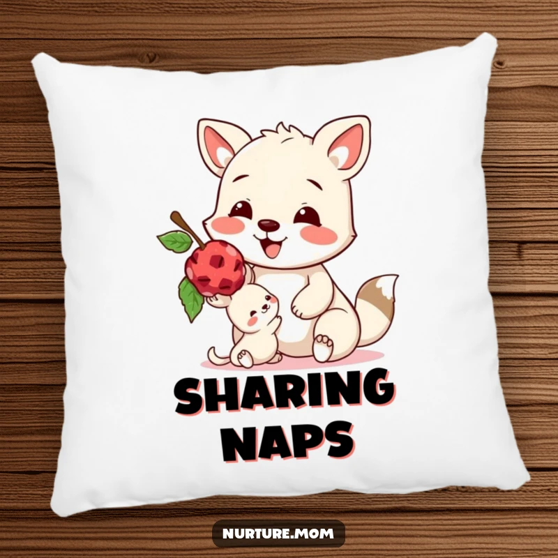 Funny pillow with a happy animal sharing a berry with a smaller creature, adding a touch of sweet, humorous comfort.