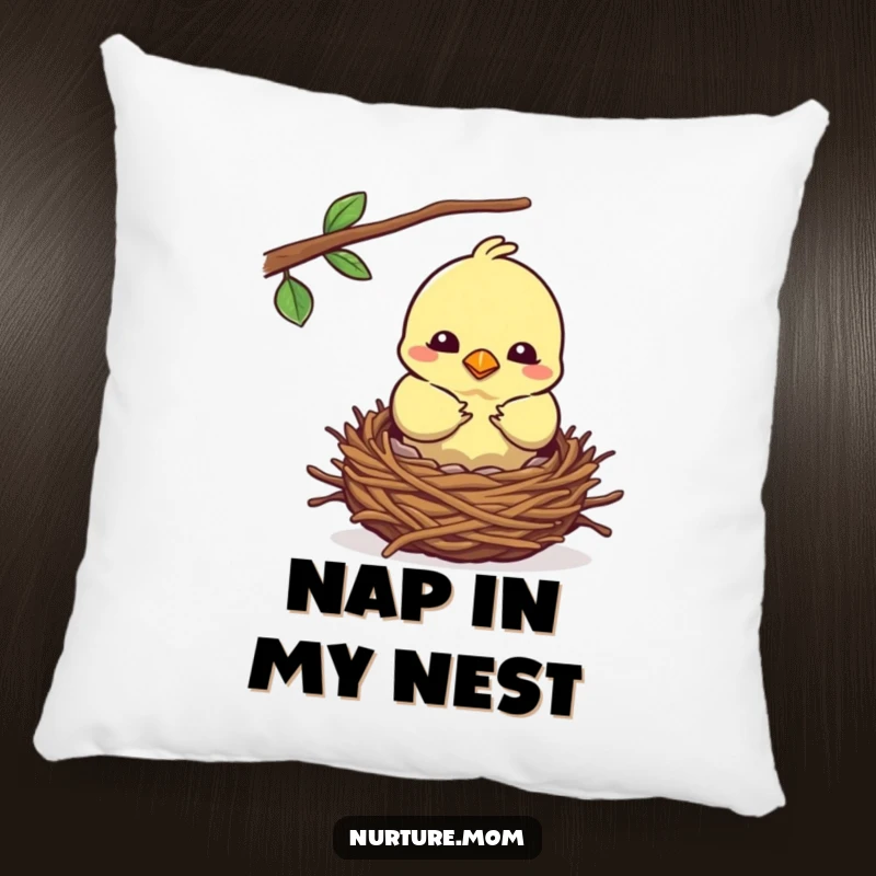 Funny kawaii mother bird building a cozy nest on a soft pillow, perfect for comfort.