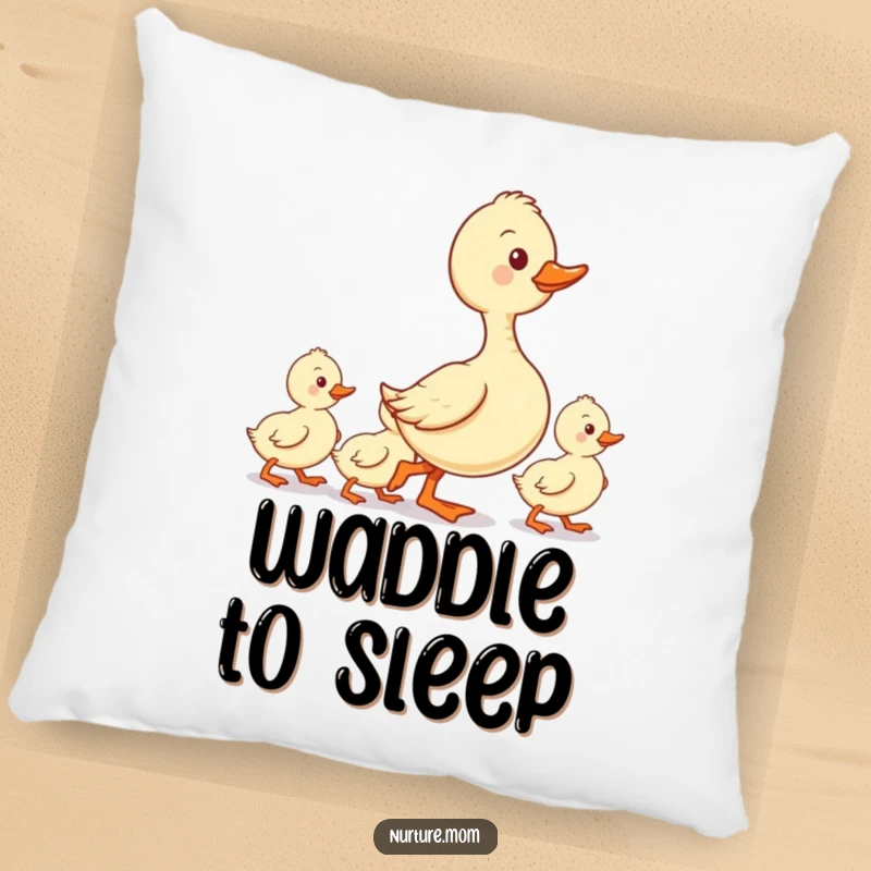 Funny decorative pillow with a kawaii duck mom leading her ducklings in a neat line, symbolizing gentle guidance.