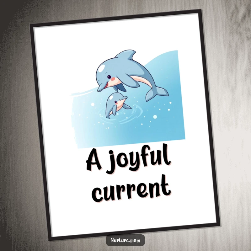 Funny dolphin mom digital art print, guiding her calf through sparkling water, ideal for instant, serene, and playful decor.