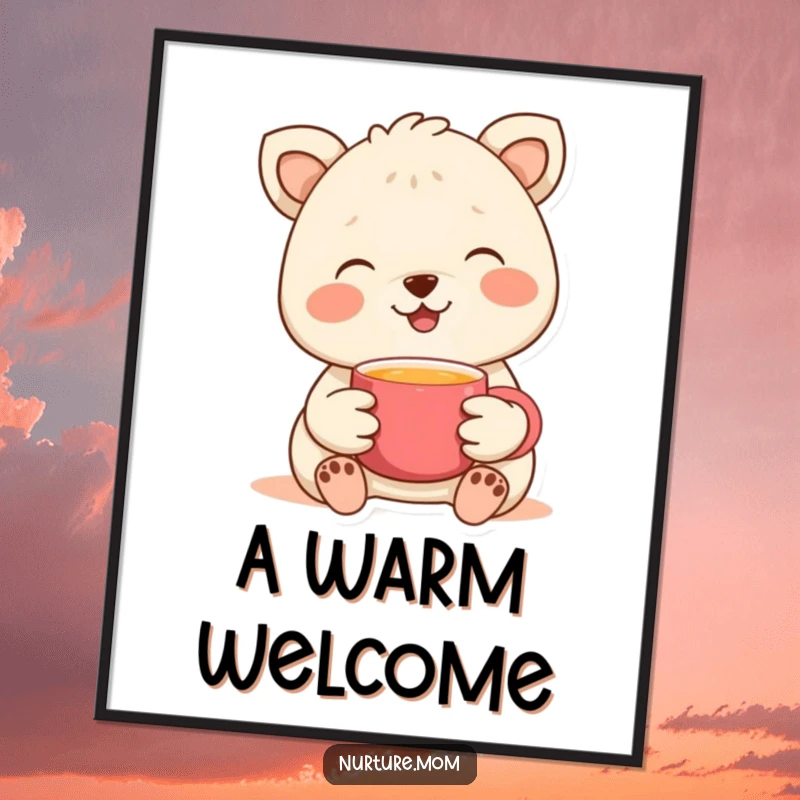 Funny digital art print of a gentle animal offering a warm cup, perfect for creating a cozy and inviting ambiance.