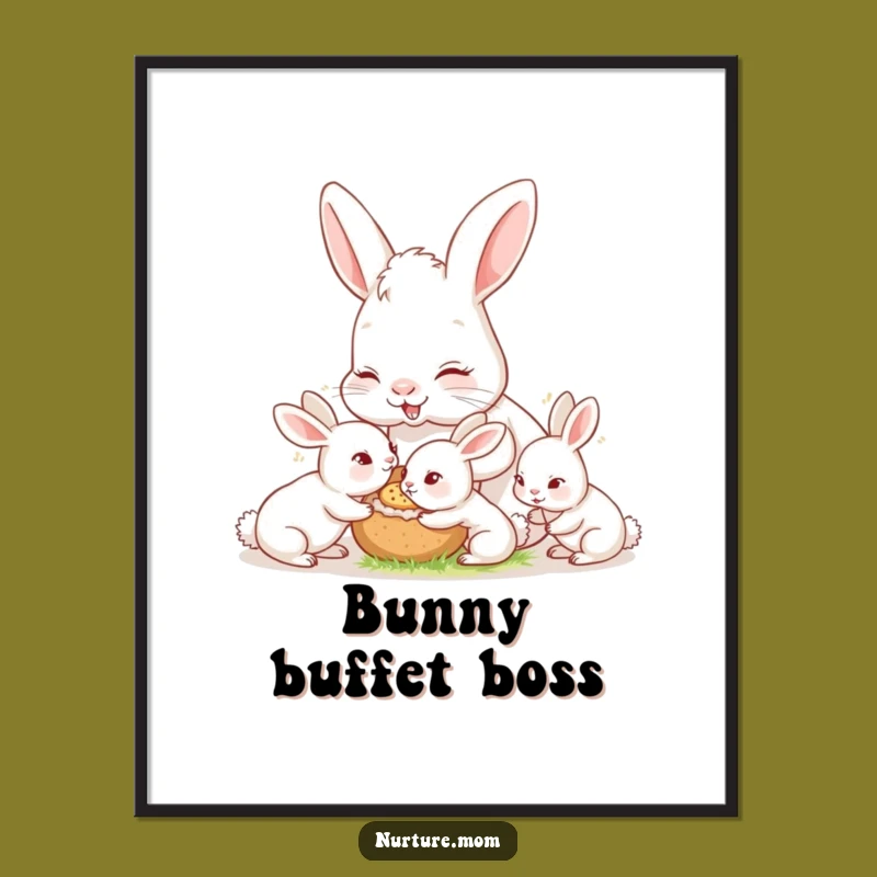 Funny Bunny Mom Art Print: Nurturing Feeding Scene, Cute Animal Motherhood Decor Gift