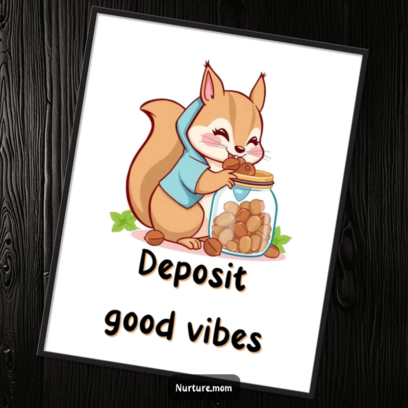 Funny Kawaii Squirrel Mom Digital Art Print: A cute squirrel mom humorously collecting nuts and storing them in a jar.