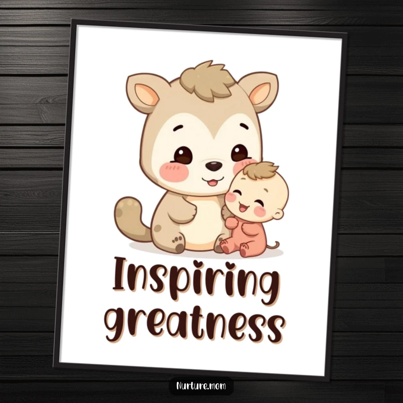 Funny animal's warm, encouraging gaze towards a child, depicted in heartwarming digital art for instant download.