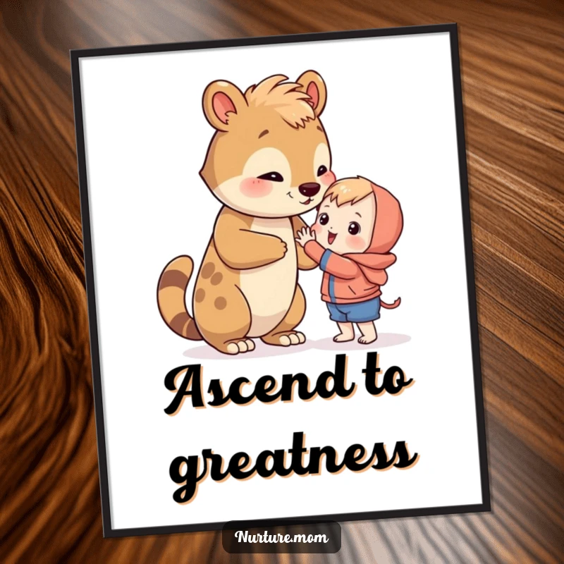 Funny animal teaching a small creature to reach, depicted in heartwarming digital art for instant download.