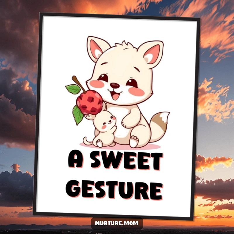 Funny digital art print of a happy animal sharing a tasty berry with a smaller creature, evoking warmth and generosity.