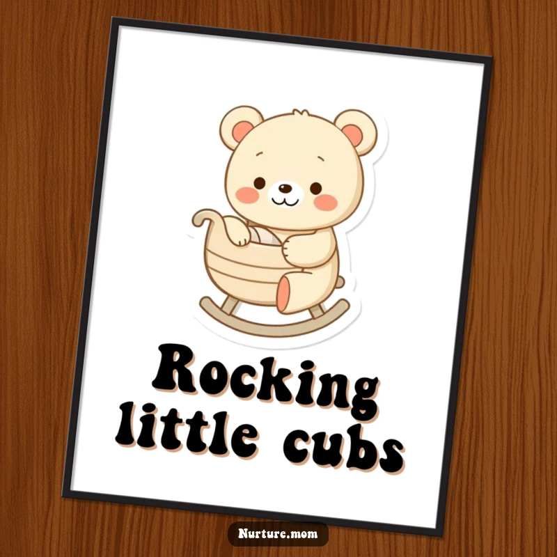 Funny digital art print of a cheerful bear character gently rocking a tiny cradle, a humorous and charming illustration for instant decor.