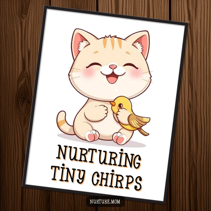 Funny digital art print of a smiling cat character happily feeding a baby bird, a humorous and charming illustration for instant decor.