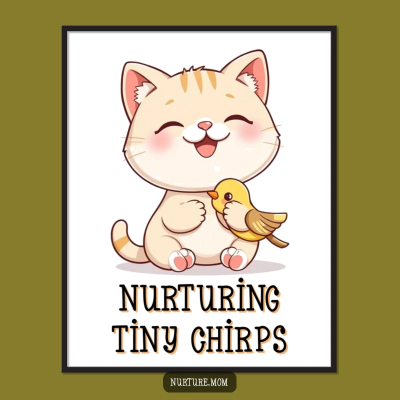 Funny Cat Feeding Bird Digital Art: Instant Whimsical Decor and Hilarious Gift