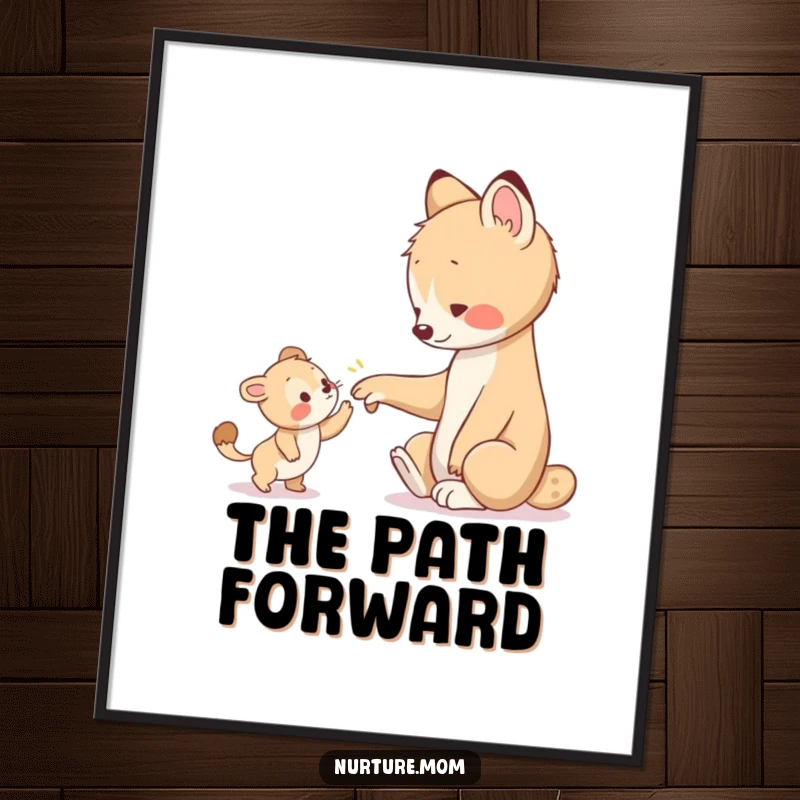 Funny digital art print shows an animal's paw warmly guiding a young creature, a humorous and touching illustration for digital display.