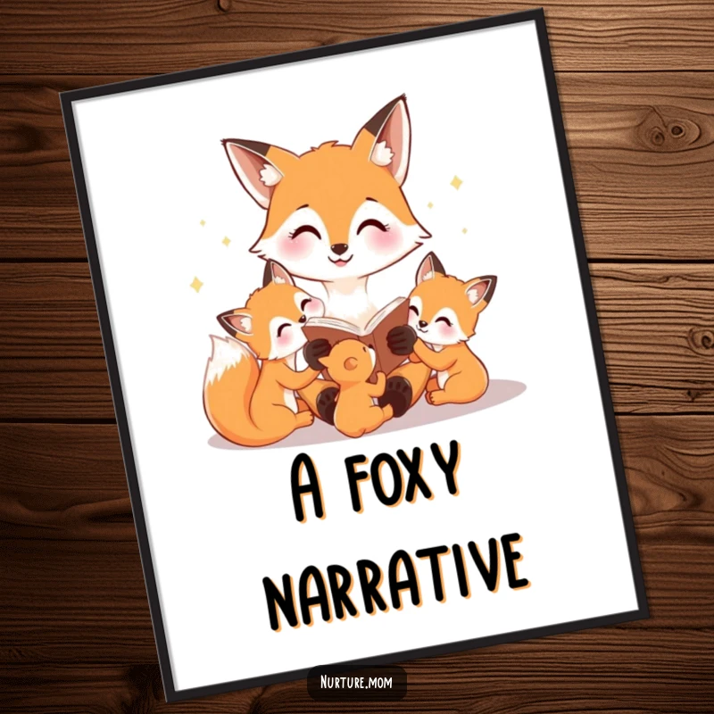 Funny fox mom digital art print, reading a bedtime story to her cubs, ideal for instant, cozy decor and heartwarming ambiance.