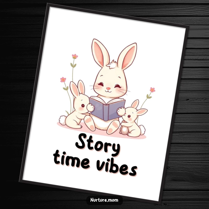 Funny kawaii mama bunny reading a storybook to her kits digital art print, offering instant heartwarming decor for any space.