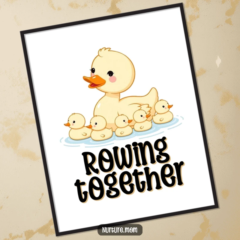 Funny kawaii mama duck leading her ducklings in a row, high-resolution digital art print.